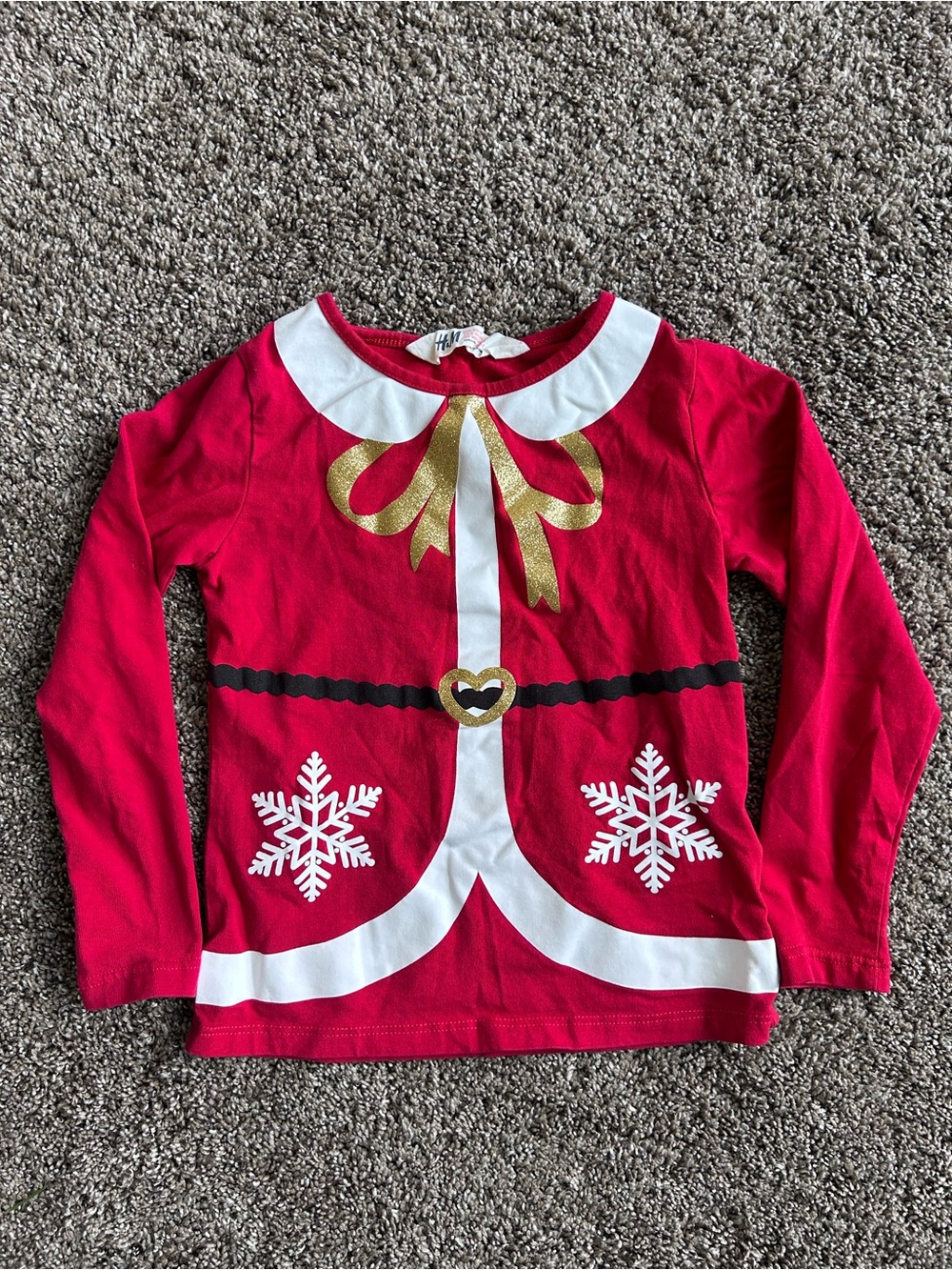 H&M Red Long-Sleeve Holiday Top with Gold Bow & Snowflakes Size 2-4